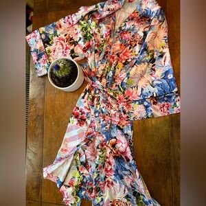 Victoria's Secret Floral Satin Robe with Pink and Blue